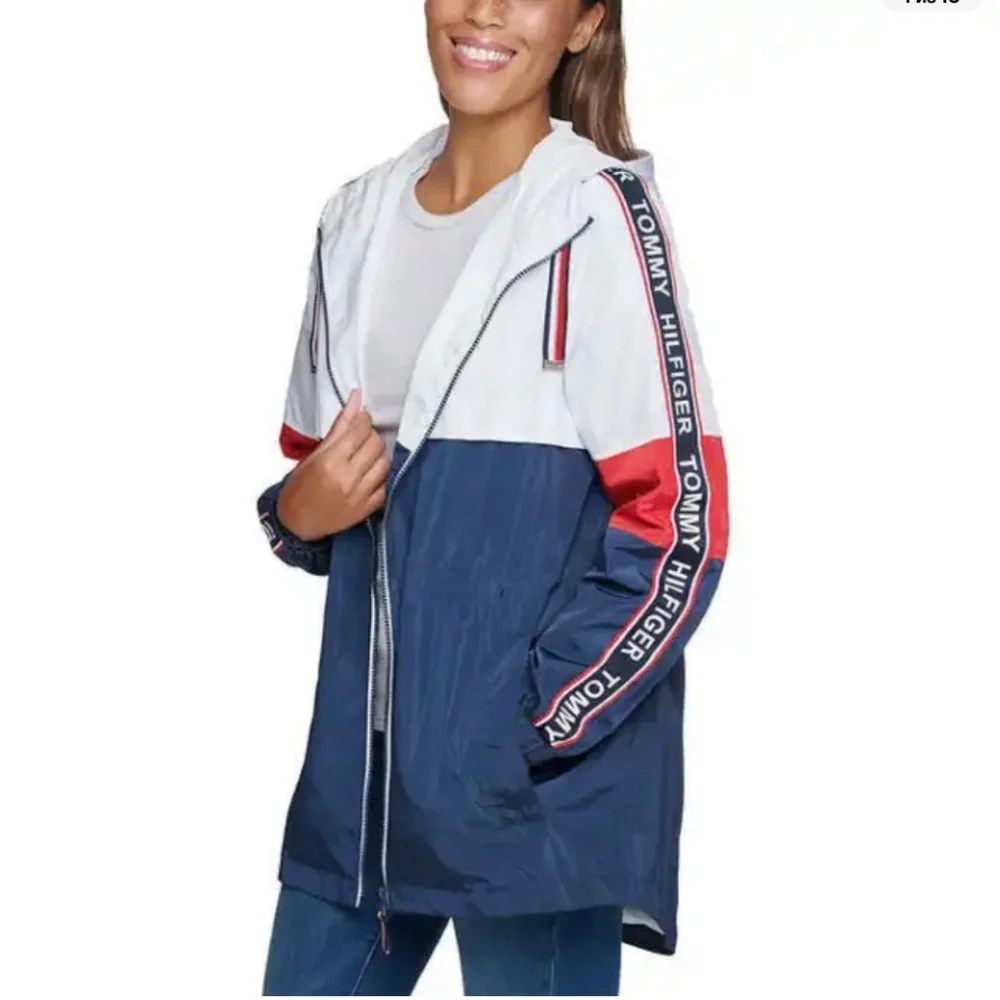 New Tommy Hilfiger Ladies' Long Windbreaker Logo Hooded Rain Jacket SIZE S - Picture 1 of 9